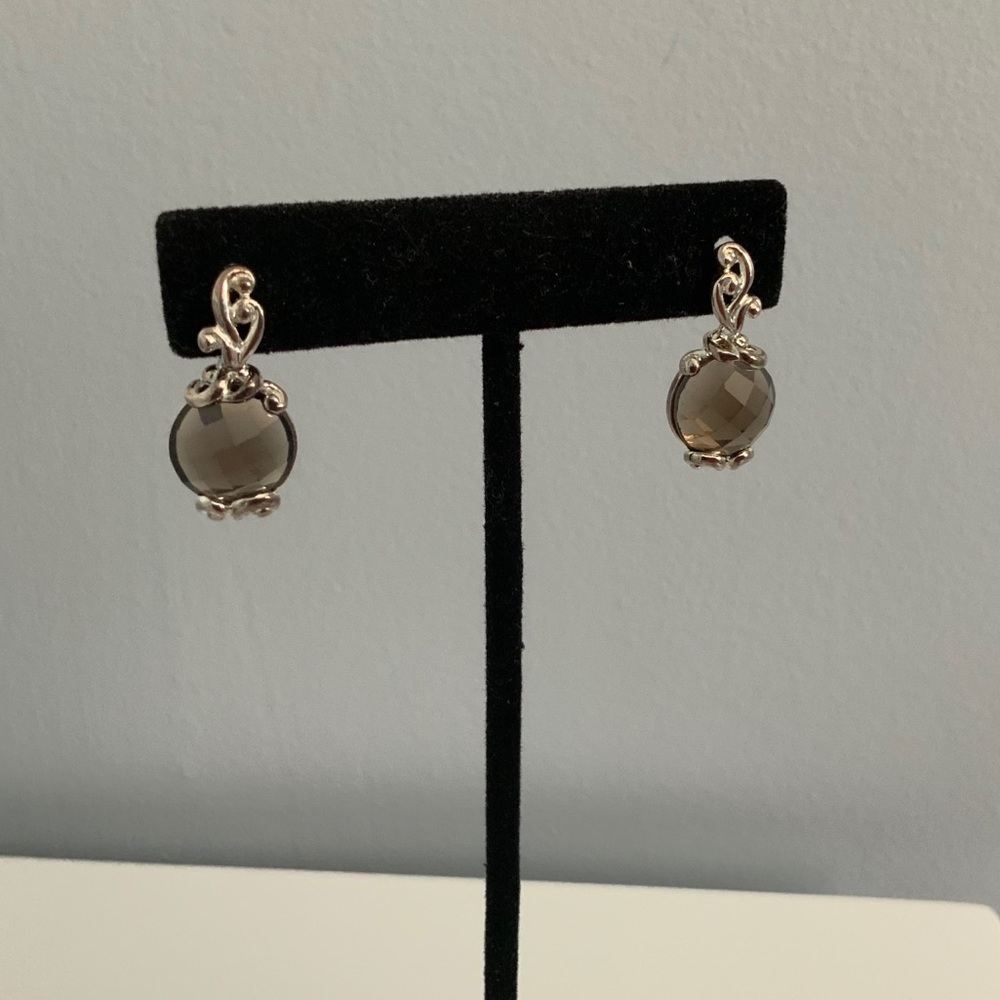925 Sterling Silver Vintage Real Smoky Quartz Ornate Dangling Earrings